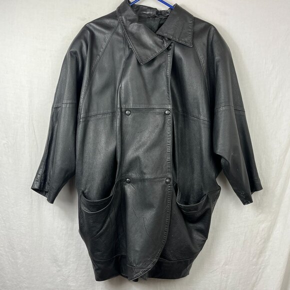 Other - Vintage Leather Double Breast Longline‎ Coat Unisex XL Slouchy Distressed Baggy
